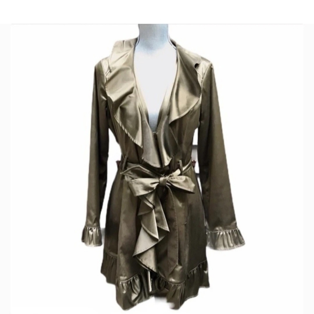 Marc Bouwer satin dressy trench jacket in a coppery olive green shade.